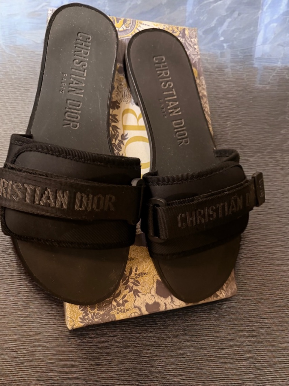 Dior Black Embossed Strap Slide Sandals - Women's